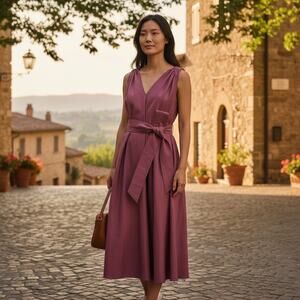 BRUNELLO CUCINELLI Dress 
Crinkle Cotton Tie-Waist 
Monili Shoulder Size L NWT